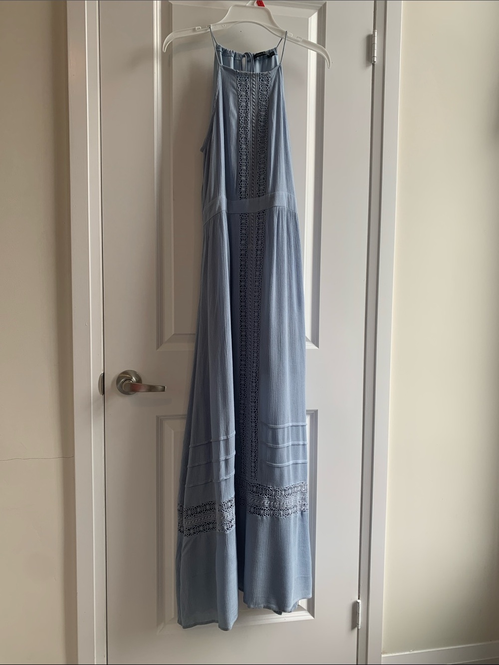 Doe & Rae Light Blue Crochet-Panel Halter Maxi Dress